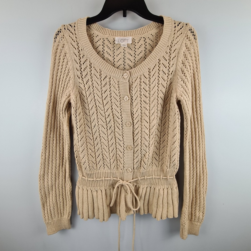 Ann Taylor LOFT Beige Pointelle Knit Peplum Cardigan Sweater Medium Crochet Boho